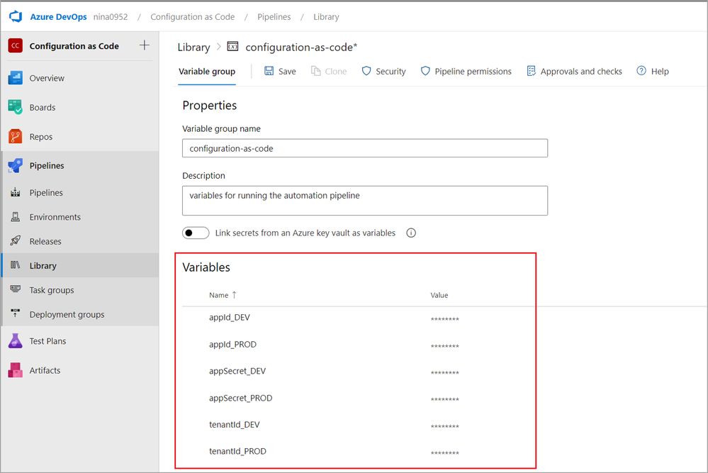 A screenshot of the list of variables whose strings are set to secret in Configuration as Code.
