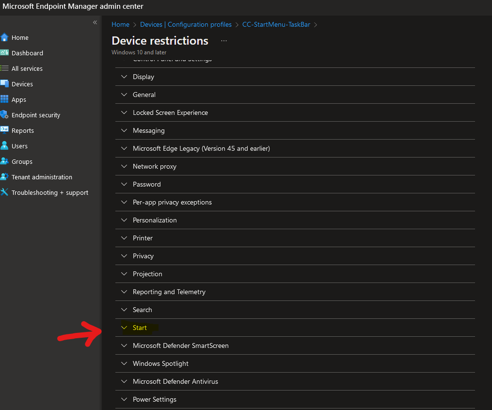 Choose the "Start" option for customizing the Start and Taskbar shortcuts