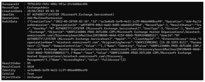 A screenshot of a single Unified Audit Log entry as raw output. The majority of the data is within the AuditData field.