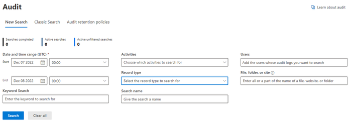 A screenshot of the ‘Audit New Search’ tool in the New Search tab. It shows the different filtering options available.