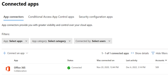 A screenshot showing the Connected Apps page. Office 365 is showing as a connected app.