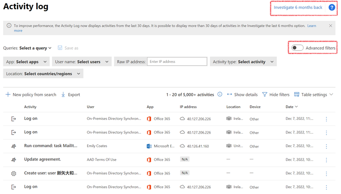 A screenshot of a sample Activity Log page, with entries such as Log On events and Create user events. The options of ‘Investigate 6 months back’ and ‘Advanced Filters’ are highlighted on the page.