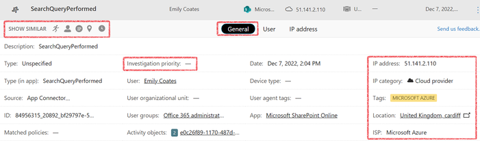 A screenshot of example data enrichment in Defender for Cloud Apps, specifically in the General tab (other options are User and IP Address). The following fields are highlighted: Show Similar, Investigation Priority, IP Address and category, Tags, Location, and ISP.