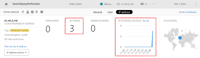 A screenshot of example data enrichment in Defender for Cloud Apps, specifically in the IP address tab (other options are User and General). The following fields are highlighted: Activities and IP Activities (last 30 days).