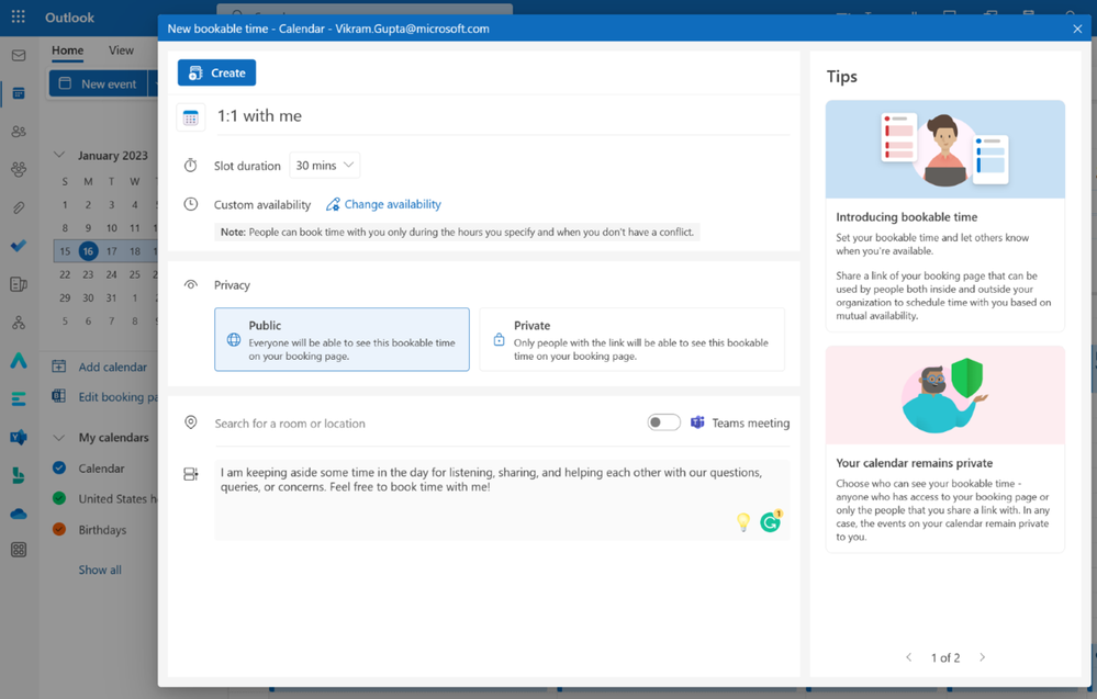 An image demonstrating the required fields to be filled out when creating a new event in Bookings in Outlook on the web.