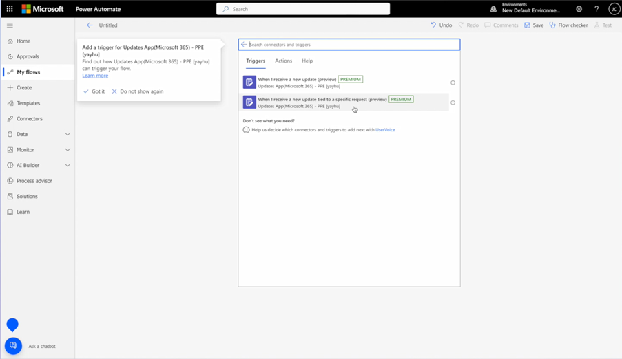 An image demonstrating the Updates connector triggers in Power Automate on a desktop device.