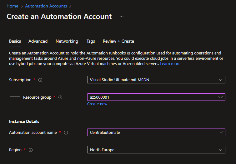 Create an Automation Account wizard