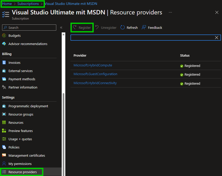 Register Resource Provider wizard
