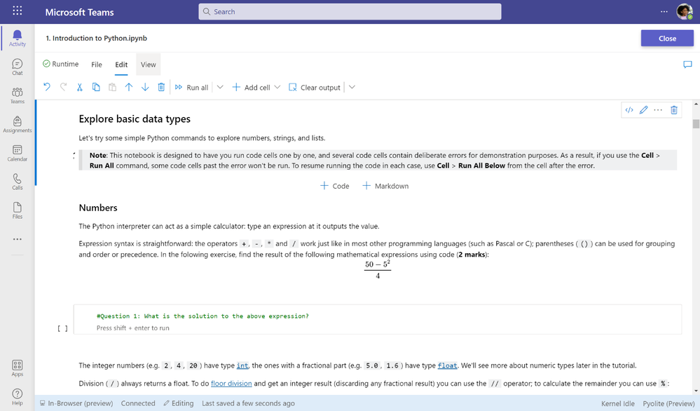 View, edit, and run Jupyter Notebooks in Teams Education