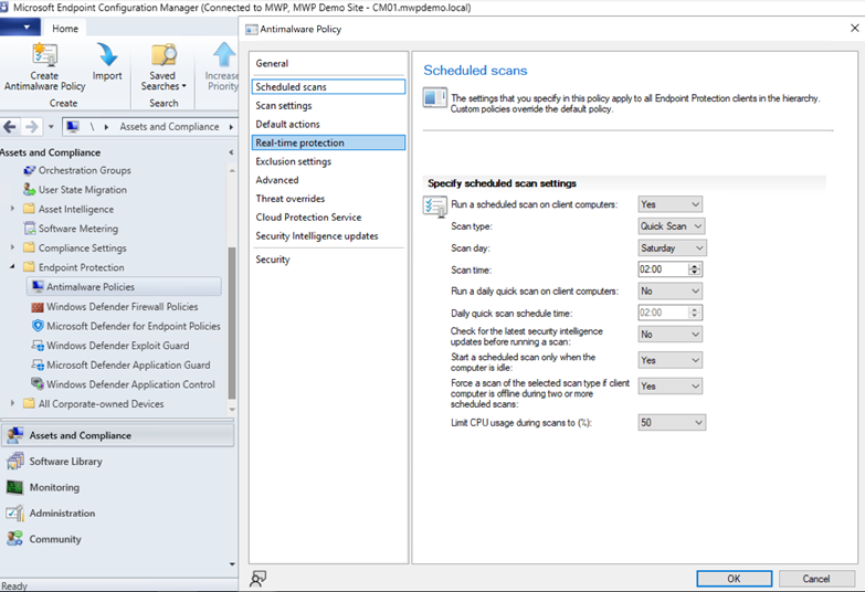 Snippet from Microsoft Endpoint Configuration Manager Console, Antimalware Policy