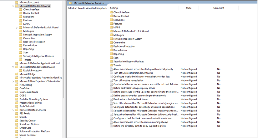 Snippet from Group Policy Object, Microsoft Defender Antivirus Policies