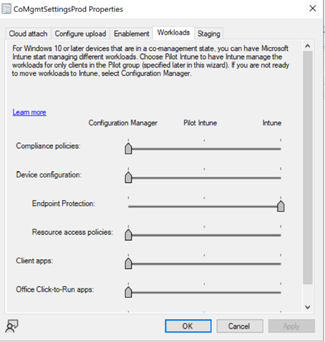 Snippet from Microsoft Endpoint Configuration Manager, Co-Management Setttings