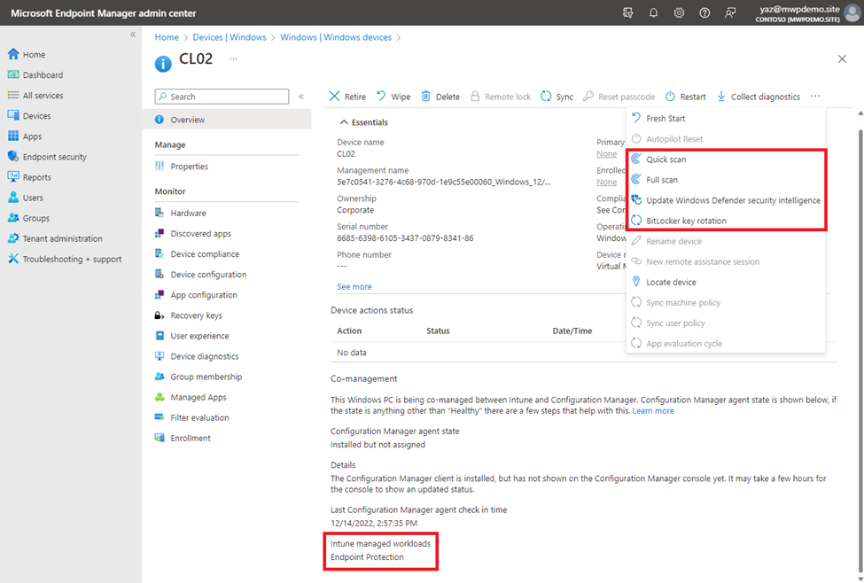 Snippet from Microsoft Endpoint Manager Admin Center, Intune Managed Workloads, AV Management Tasks