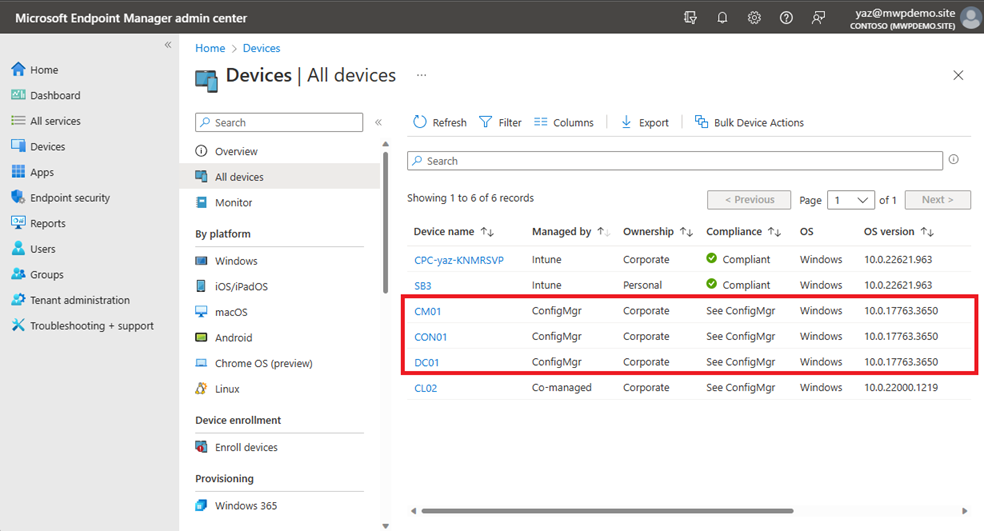 Snippet from Microsoft Endpoint Manager Admin Center, All Devices view, Managed by: Configuration Manager