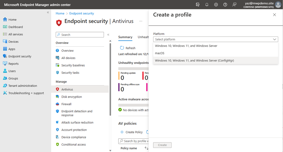 Snippet from Microsoft Endpoint Manager Admin Center, Creating AV Policies via ConfigMgr