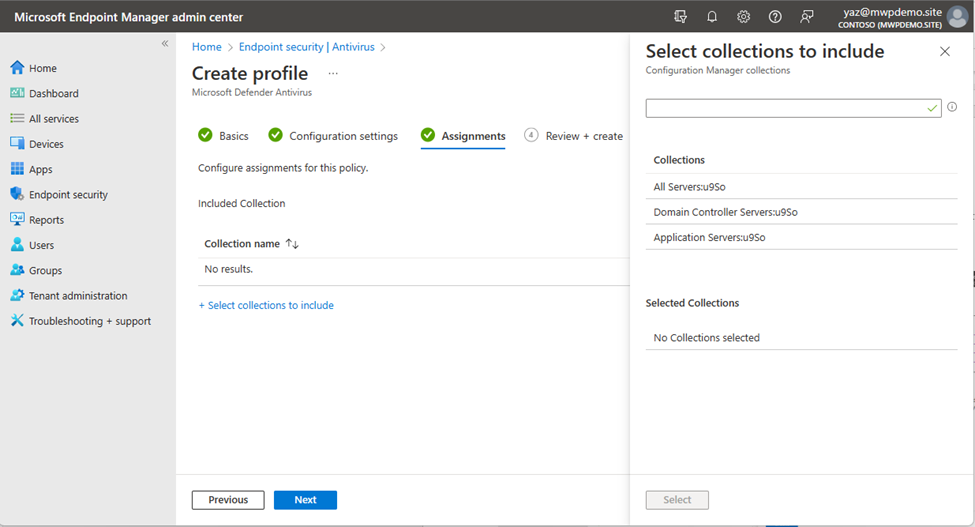 Snippet from Microsoft Endpoint Manager Admin Center, Assigning AV Policies to Collections