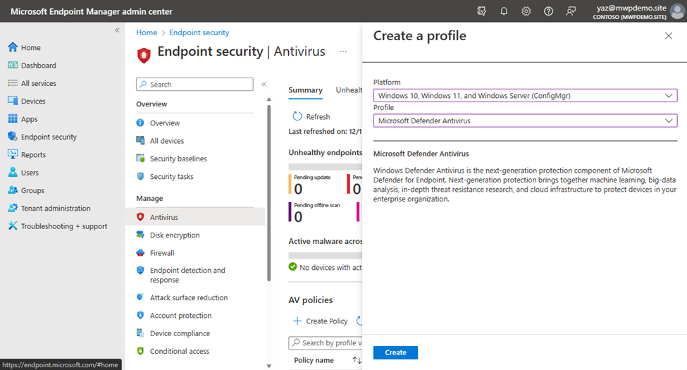 Snippet from Microsoft Endpoint Manager Admin Center, Creating AV Policy via ConfigMgr