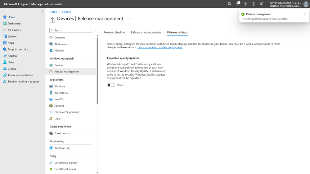 Screenshot of the Windows Autopatch release management pane in Windows Intune showing a slider to block or allow expedited quality updates