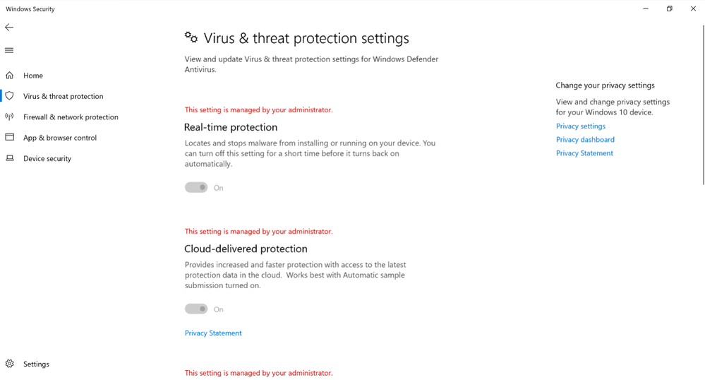 Snippet from Windows Security Application, Virus & threat protection settings