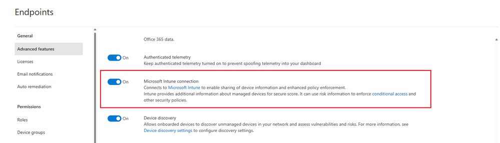 Snippet from Microsoft Defender for Endpoint, Settings - Endpoints - Advanced Features View