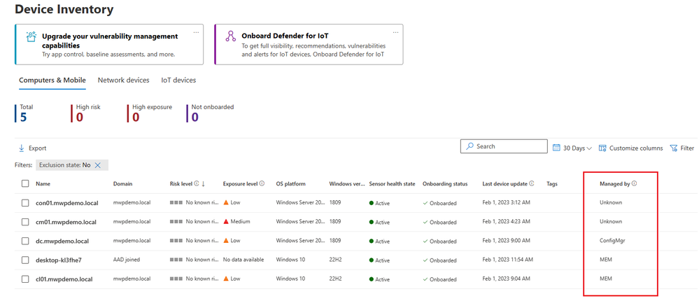 Snippet from Microsoft Defender for Endpoint, Device Inventory View