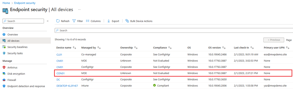Snippet from Microsoft Defender for Endpoint, Endpoint Security Node, All Devices View