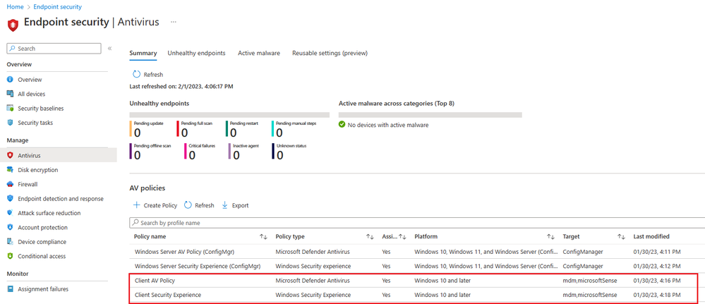 Snippet from Microsoft Intune, Endpoint Security Node, Antivirus Policies View