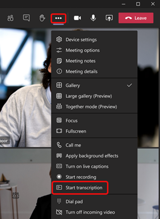 Start a live transcription of your Teams Meeting or Call