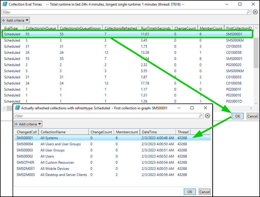 Screenshot: Output of script with actually refreshed collections