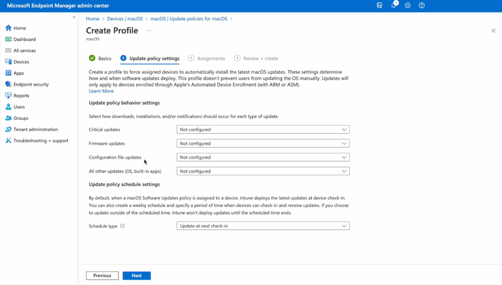 Screenshot of the Create profile pane in Intune