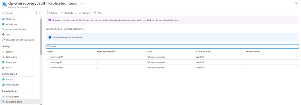 Failover completion status in Recovery Service Vault