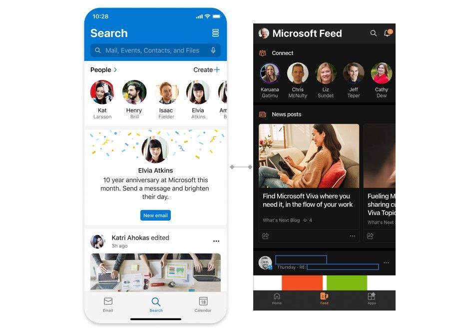 Use your Microsoft Feed in Outlook – in the context of Search (left) and the Microsoft 365 mobile app Feed [formerly Office mobile] (right).
