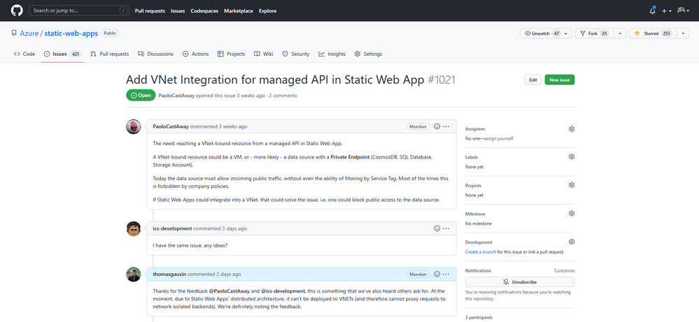 A screenshot of a GitHub issue asking how to integrate Static Web Apps with network-isolated backends