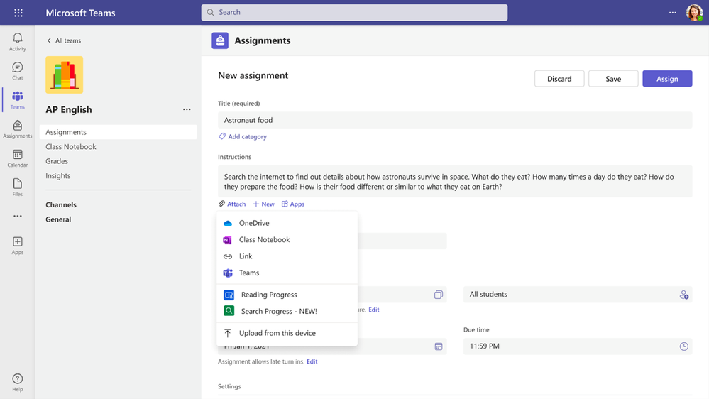 Educator view of the entry point to Search Progress as a “new assignment” in Teams