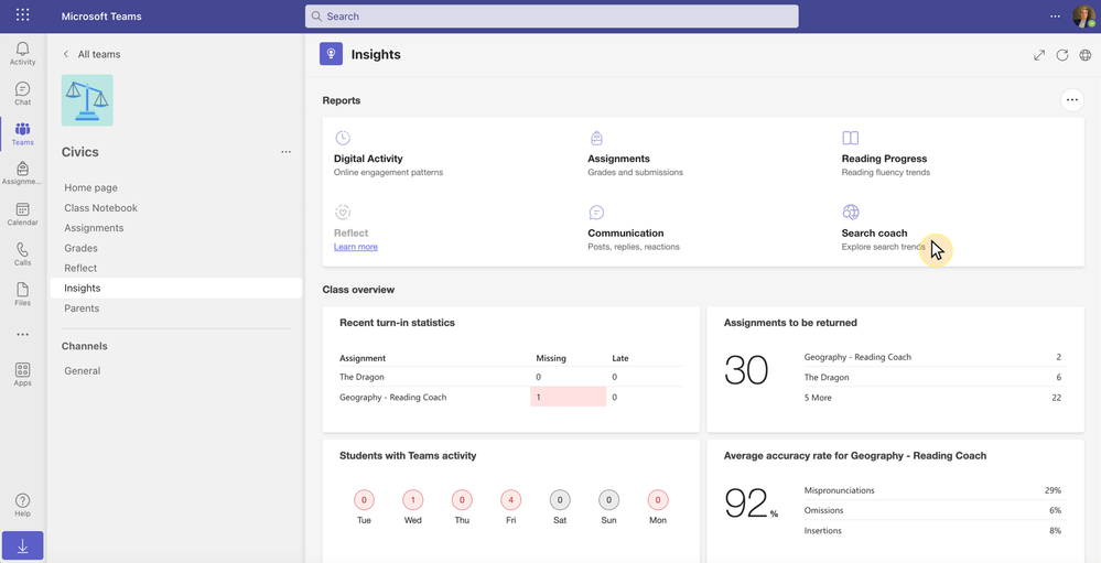 Explore student- and class-wide search trends in the Search Coach Report in the Insights tab