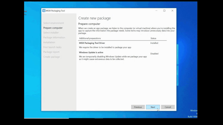 Animation of packaging portable apps into MSIX format