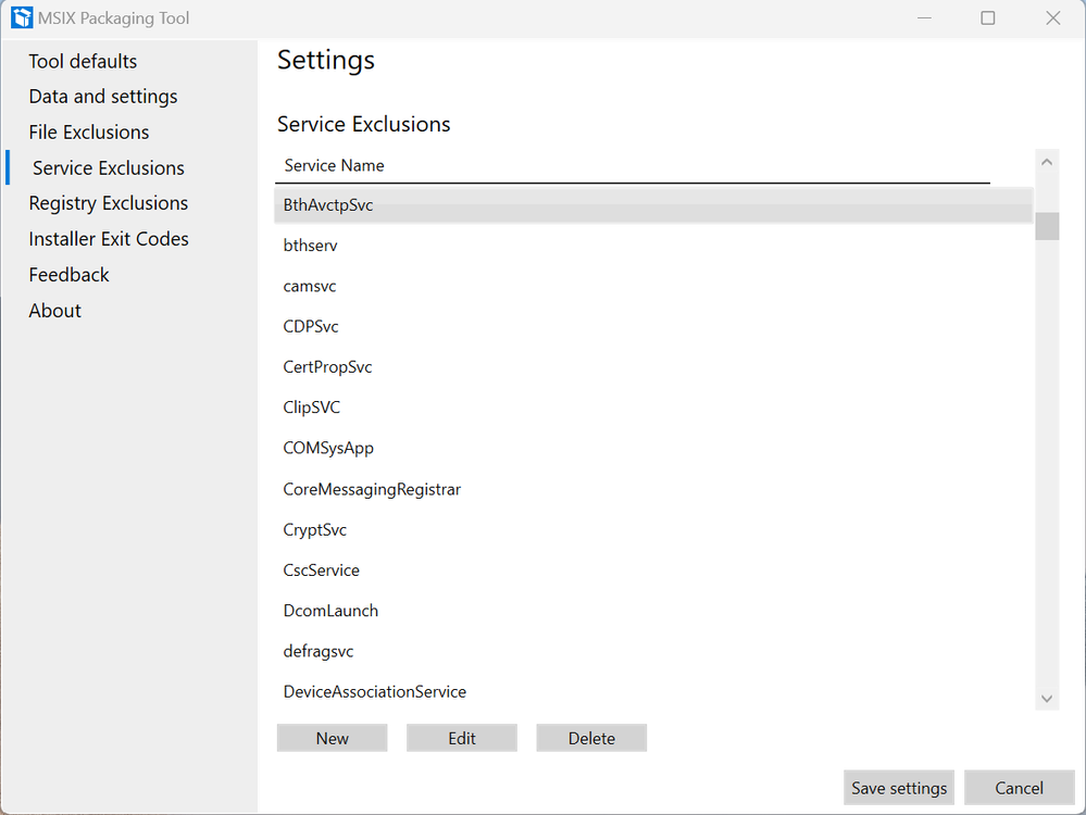 Screenshot of the MSIX packaging tool's ‘Service Exclusions' tab