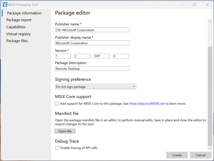 Screenshot of ‘Package editor' tab in the MSIX packaging tool