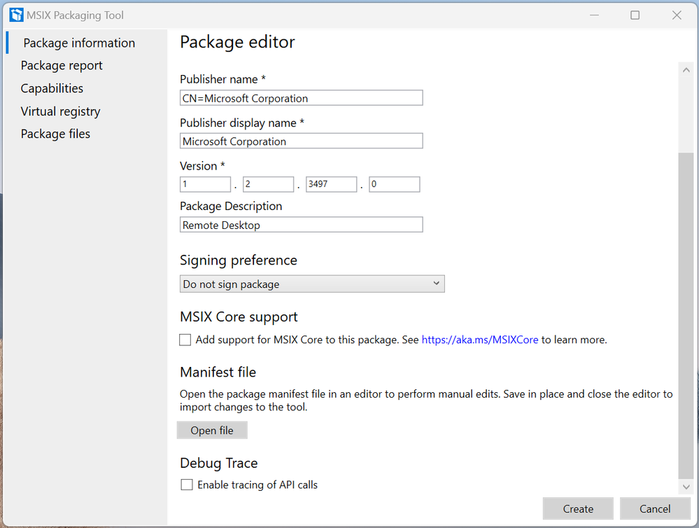 Screenshot of ‘Package editor' tab in the MSIX packaging tool