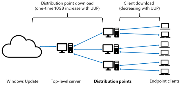 A diagram of an update workflow, centered on distribution points before endpoint clients