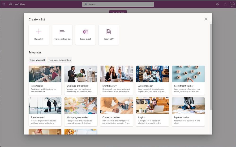 Click the + New list button at the top for the Microsoft Lists app in Microsoft 365. This brings up the common ‘Create a list’ dialog, front, and center.