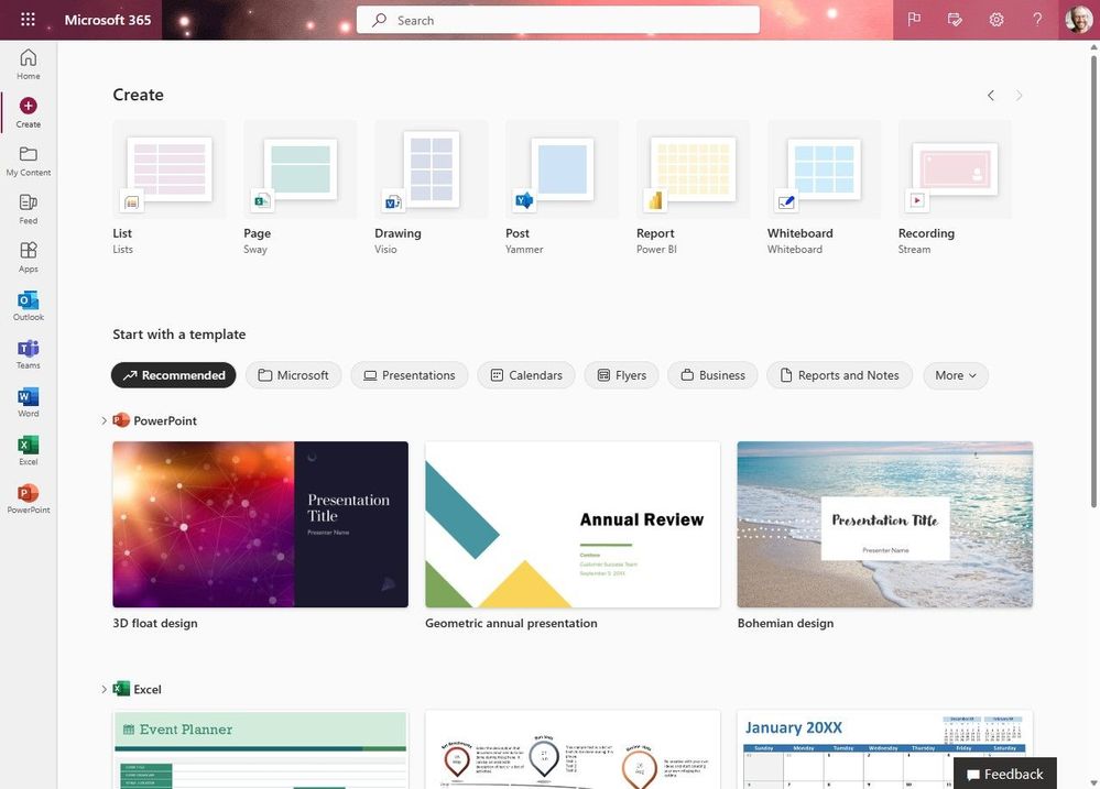The main Create page when signed into Microsoft365.com with your work or school ID (AAD). Note: Lists is now one of the main content types to create from the top carousel.
