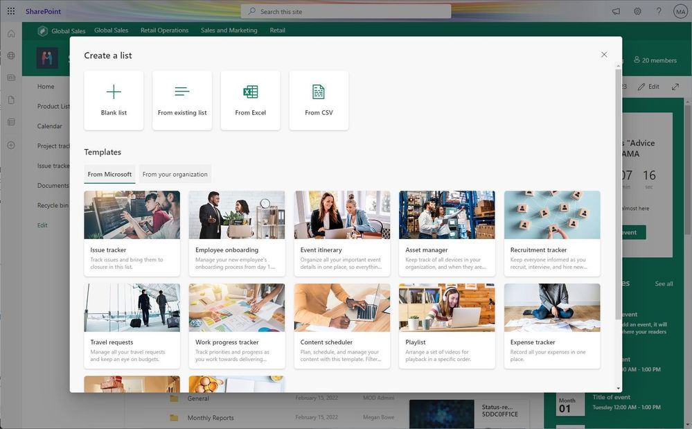 Creating a list directly from within SharePoint brings up the common list creation dialog experience.