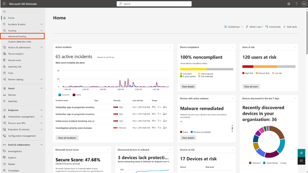 Image 1: Microsoft 365 Defender dashboard – Navigate to “Advanced Hunting” screen