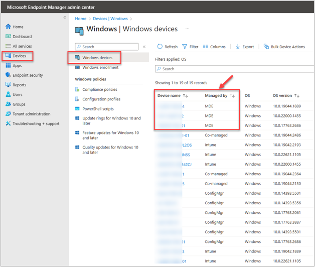 A screenshot of the Devices pane showing the Windows devices that are “Managed by MDE”.