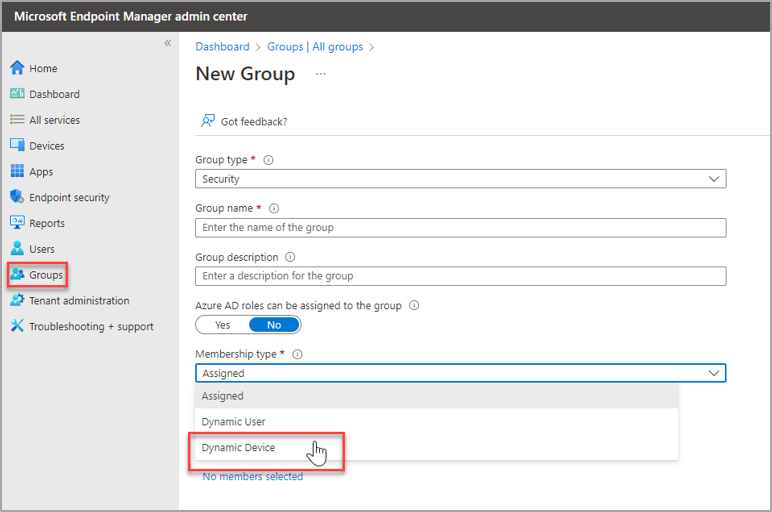 A screenshot of the options for creating a new group in Intune with the Dynamic Device Membership type option highlighted.
