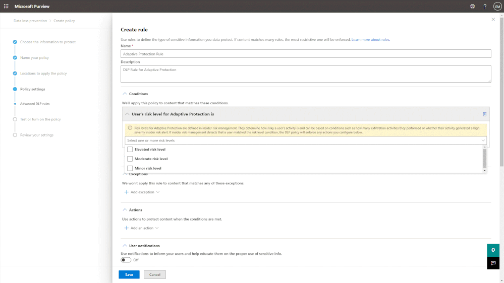 Figure 4: Enabling Adaptive Protection in DLP policies