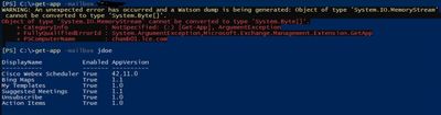 Results from get-app in powershell.  Confirmed same error on all 3 Exchange servers
