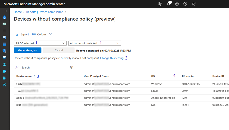 Screenshot of the Devices without compliance policy preview