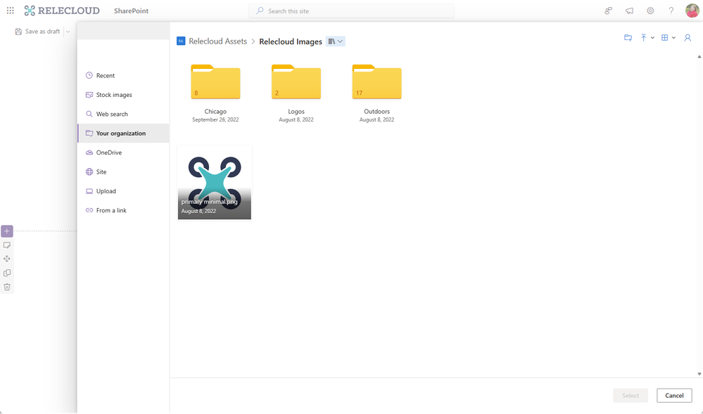 Image picker: Organization assets contents presentation